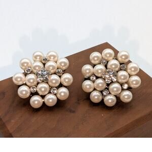 Set of Two Vintage Unsigned Faux Pearl Rhinestone Round Brooches